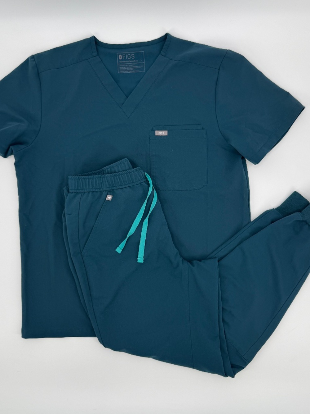 FIGS Scrub Set Top L Pants M Teal Caribbean Blue Catarina V Neck Zamora Joggers